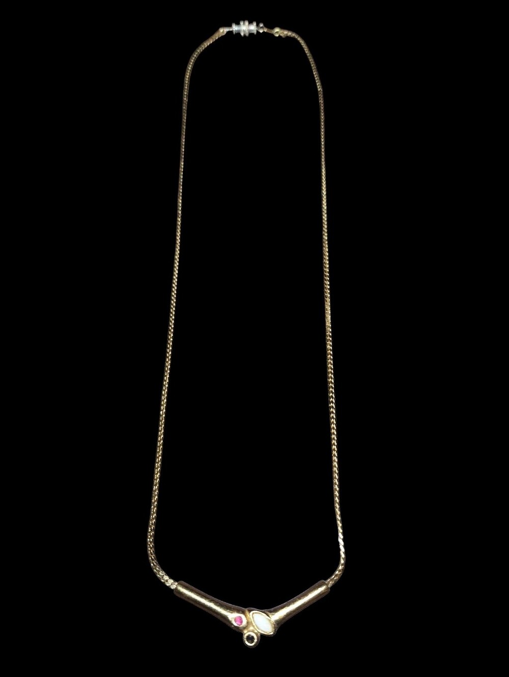 Vintage Unsigned Genuine Sapphire, Ruby & Opal Gold Plated Necklace (18 Inches)